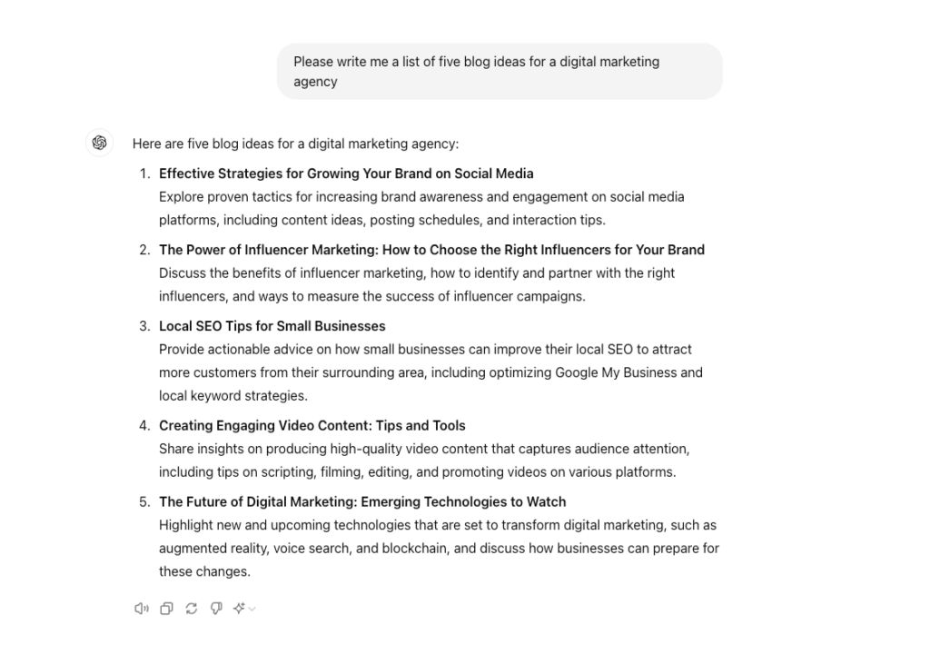 a screen shows a chatgpt brainstorm for a blog for a digital marketing agency